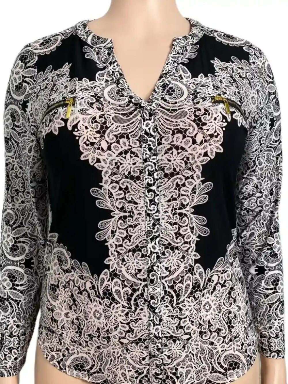 INC International Concepts Lace Print Blouse Black White